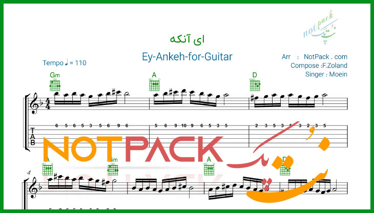 نت گیتار ای آنکه از معین با فیلم آموزشی 1 نت گیتار ای آنکه از معین